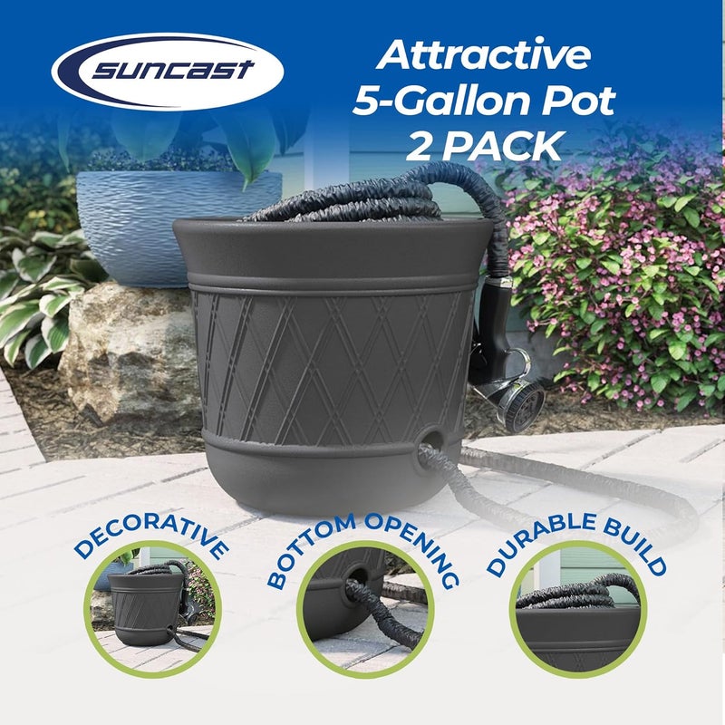 suncast 2 Pack 14" x 12" Round Resin Decorative Weatherproof Outdoor Hideaway Standard Garden Hose Storage Pot with Drainage Holes, Gray - Image 3